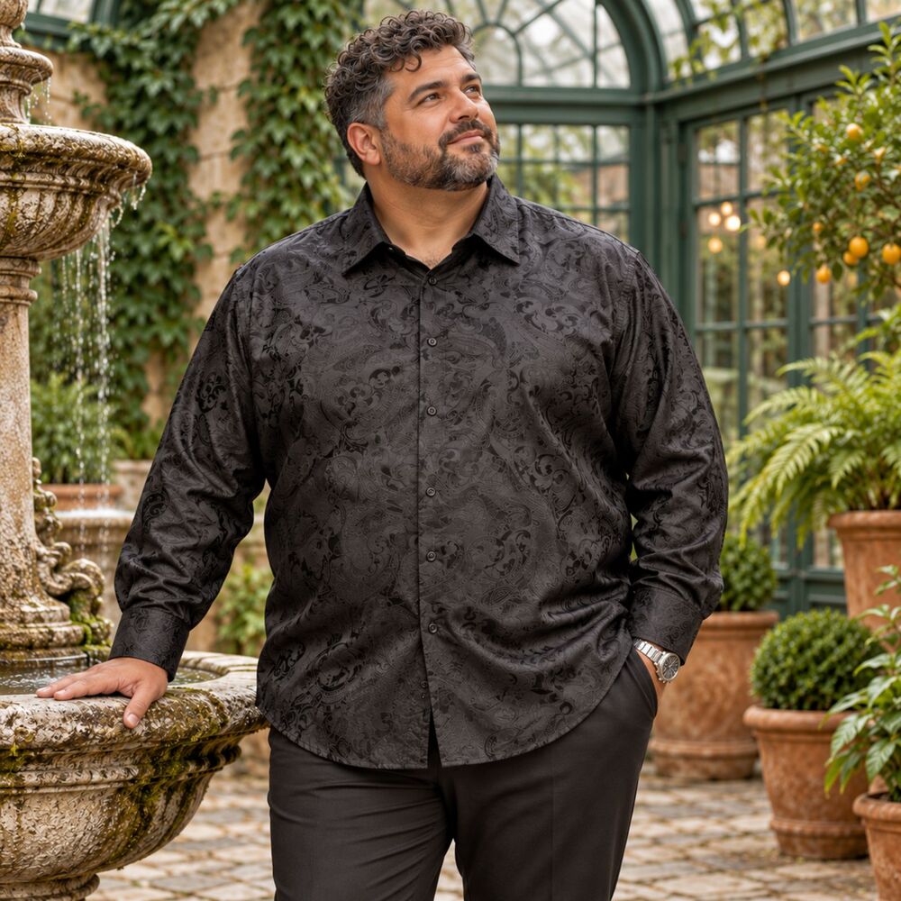 MANZINI Black Tonal Paisley Jacquard Long Sleeve Button-Up Shirt 6XL